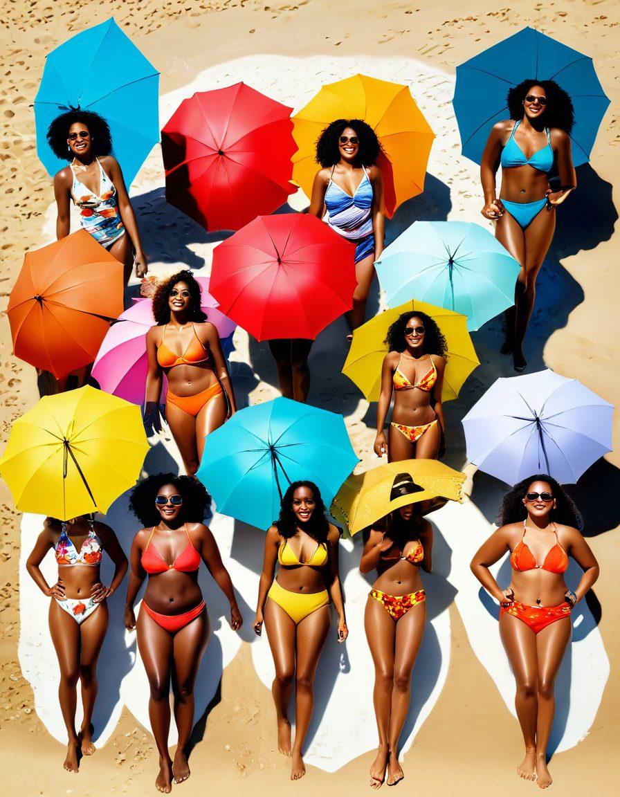 A sun-kissed beach scene featuring diverse individuals radiating confidence in stylish beachwear. Include vibrant umbrellas, joyful laughter, and a variety of body types showcasing self-love. Highlight natural elements like gentle waves and soft sand, infused with warmth and positivity. The atmosphere should evoke freedom and acceptance, inviting viewers to embrace their own body. vibrant colors. super-realistic.